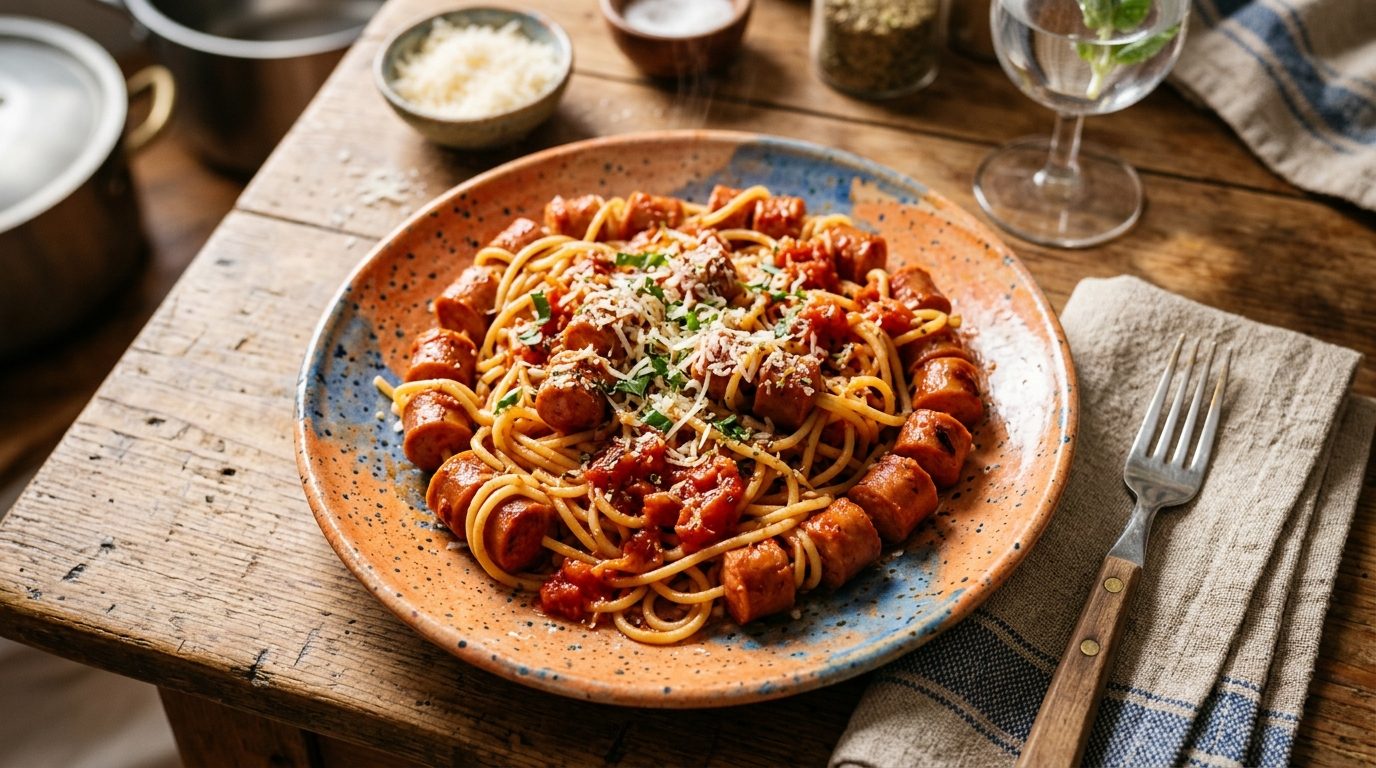Spaghettis enfilés dans des knackis : l’astuce ludique du soir pressé
