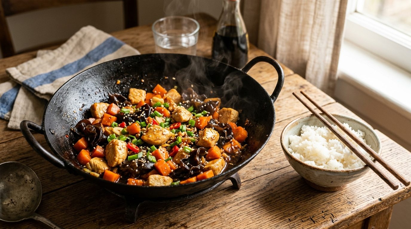 Sauté de dinde aux carottes croquantes et champignons noirs
