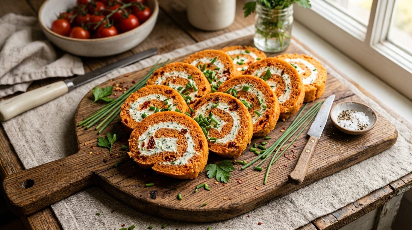Roulé à la tomate et fromage frais aux fines herbes pour l&rsquo;apéritif