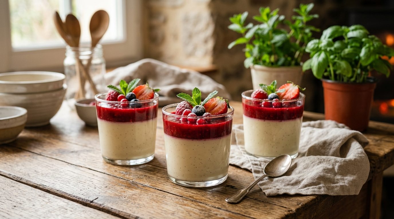 Panna cotta au sirop d&rsquo;érable et son miroir de fruits rouges